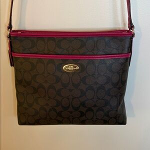Coach Signature Canvas Crossbody Brown/Deep Red Trim
